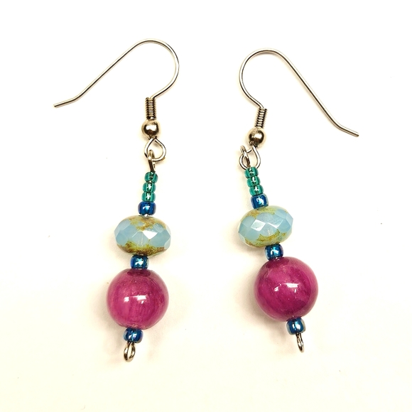Pink and Aqua Beaded Earrings - Picture 1 of 5